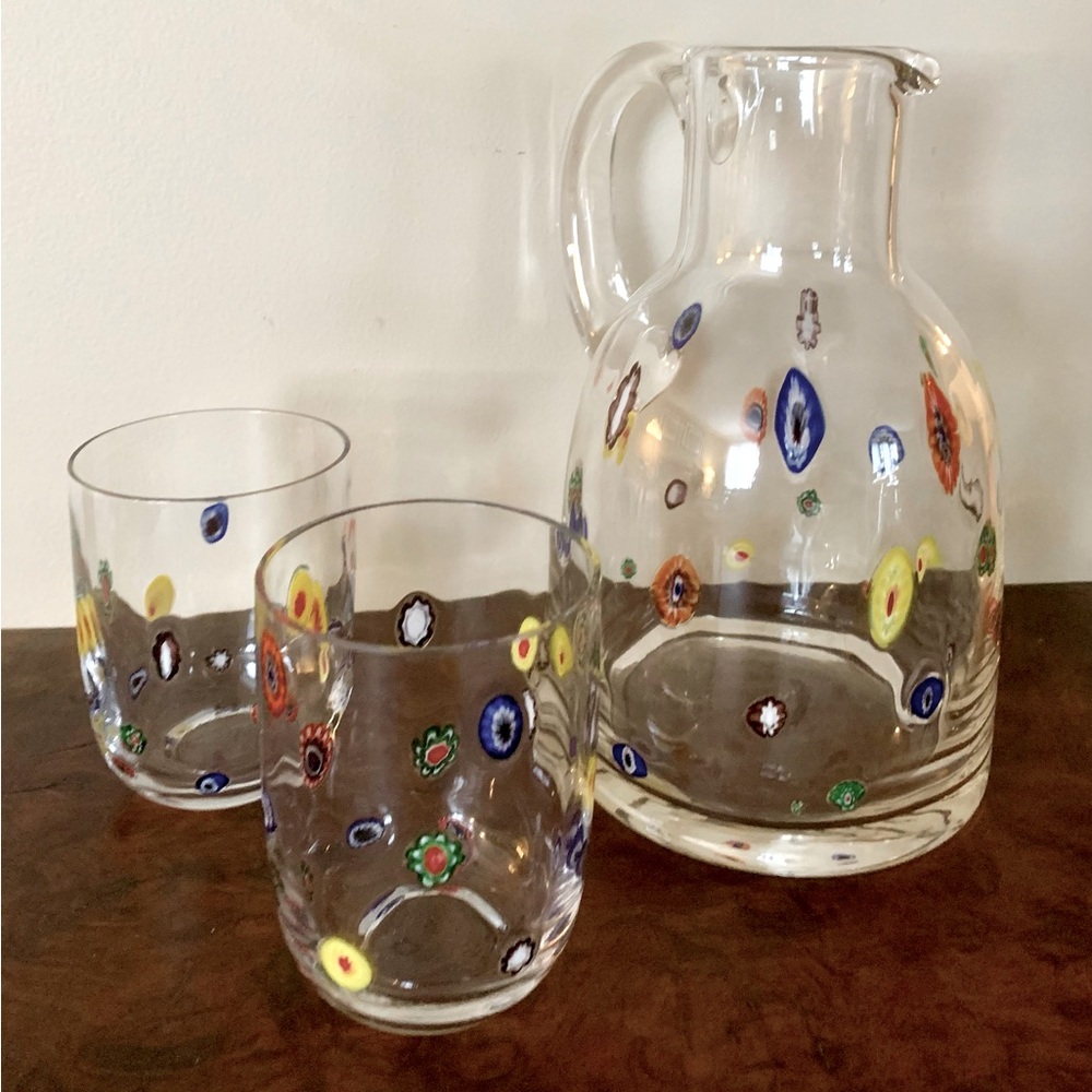 Vintage Millefiori Murano Glass Pitcher & Tumblers